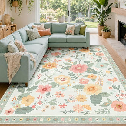 RELEANY Floral Washable 8x10 Area Rugs Beige/Green | Flower Carpet Print Boho by RELEANY