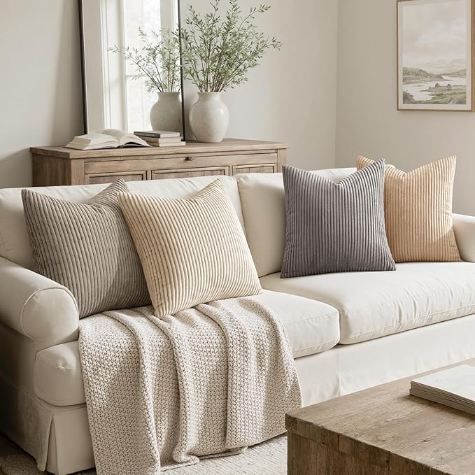 MIULEE Soft Corduroy Decorative Throw Pillow Covers Neutral Cream 18x18 | Set - Image 2