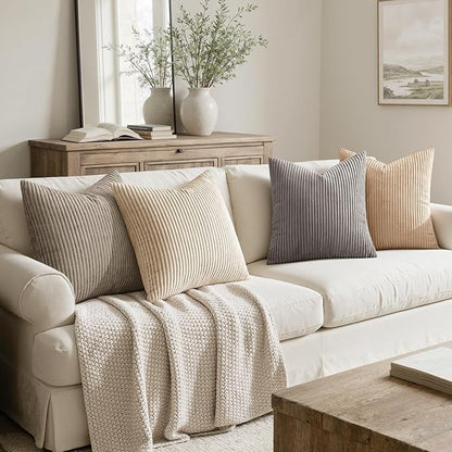 MIULEE Soft Corduroy Decorative Throw Pillow Covers Neutral Cream 18x18 | Set - Image 2