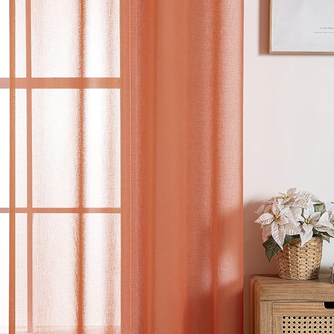MIULEE Fall Burnt Orange Linen Textured Semi-Sheer Curtains 54W×54L Kitchen | - Image 7