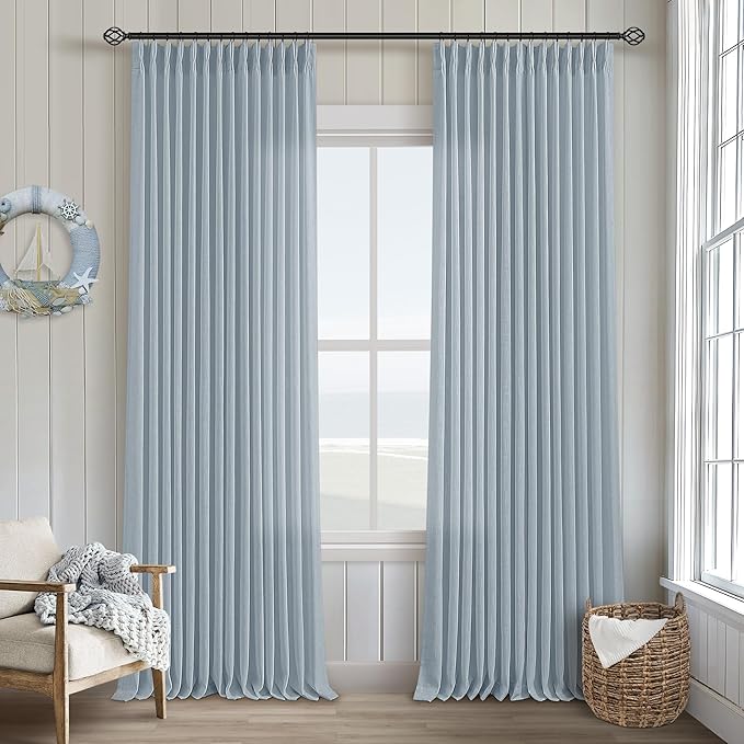 Dusty Blue Pleated Linen Curtains 96 Inches Long by Twodrapes