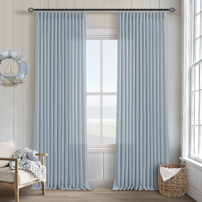 Extra Long Dusty Blue Linen Curtains 120 Inches Long 2 Panels | Coastal Sky Blue by Twodrapes