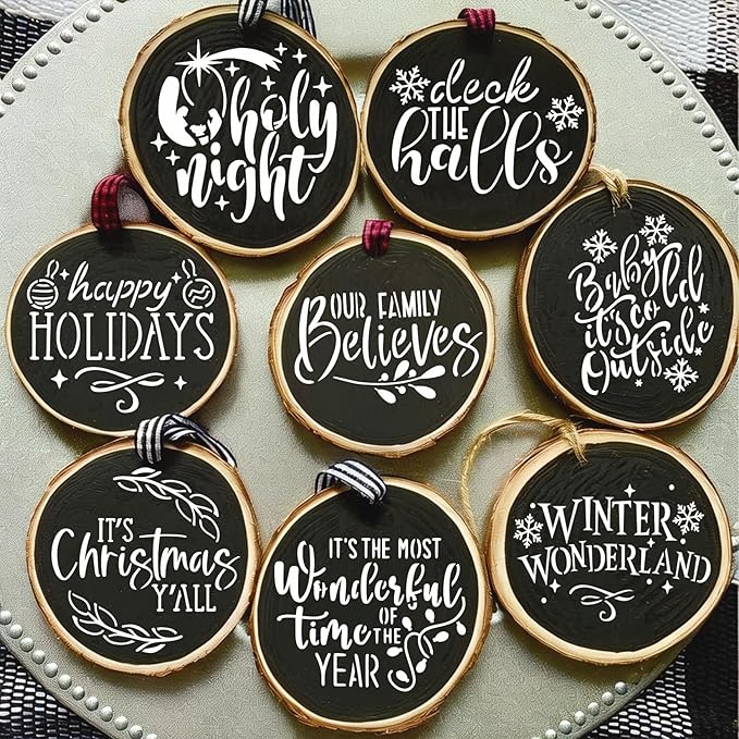 30 Pcs Christmas Stencils for Painting on Wood 4 Inch Reusable Small Christmas Ornament Stencil for DIY Crafts Ornament Wood Card Paper Fabric (30 Words)