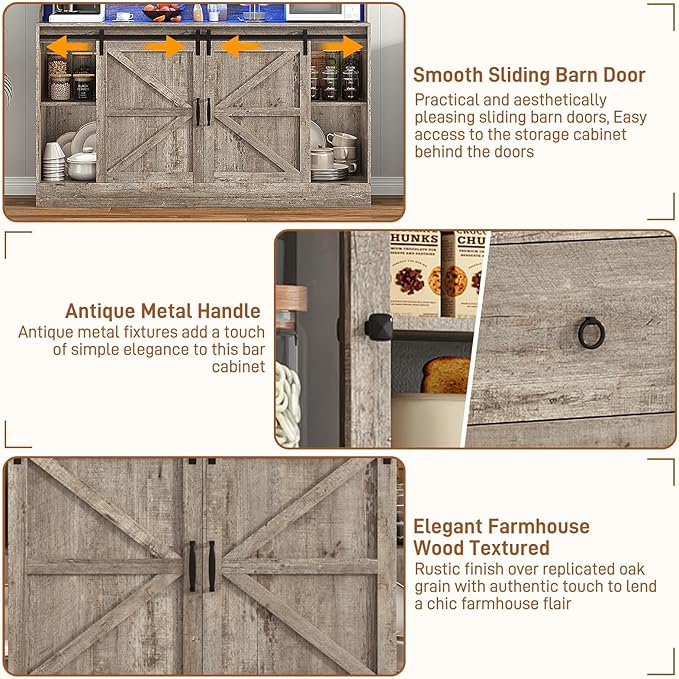74" Tall 63" Wide Larg Bar Cabinet w/ Outlet,6000-color LED Light,Pegboard,Farmhouse Hutch Bar Cabinet w/Barn Door,2 Big Drawers,Adjustable Shelves,10 Wine & Glasses Rack,5 Hook for Kitchen,OAK