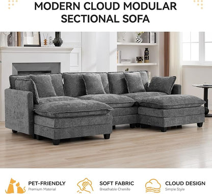 111'' Sectional Cloud Deep Seat Couch, Oversized Chenille U Shaped Sectional - Image 7