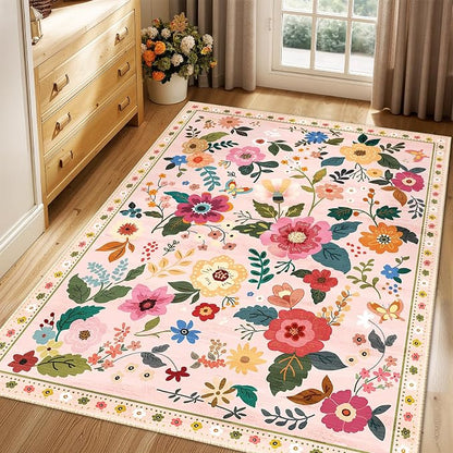 RELEANY Floral Washable 4x6 Area Rugs Pink | Flower Carpet Print Boho Cute Non - Image 9