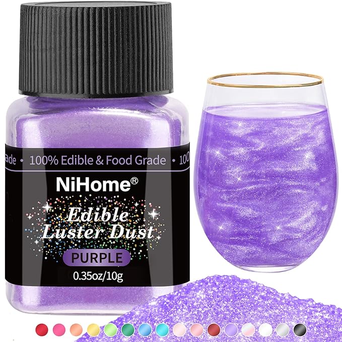 NiHome Edible Food-Grade Glitter Powder Glimmer Luster Dust Metallic Fancy Food Decorating Sprinkle Glimmery Dust for Drink Wine Beverage Cake Bakery Vegan Allergen-Free (Purple, 0.35oz/10g)