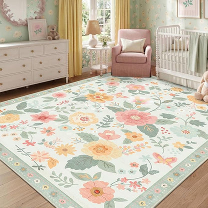 RELEANY Floral Washable 6x9 Area Rugs Beige/Green | Flower Carpet Print Boho - Image 8