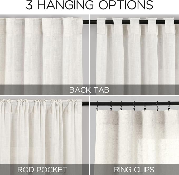 Beige White Kitchen Cafe Sheer Curtains 54 Inch Long 2 Panel Back Tab Linen - Image 2