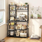 Baker Rack with Power Outlet - Microwave Stand with Storage, Large Coffee Bar Station with 14 Hooks, Metal Kitchen Shelf Rack for Spices, Pots (Rustic Black)