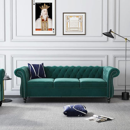 3 Piece Living Room Set, Velvet Chesterfield Sofa Loveseat Couch Chair - Image 4
