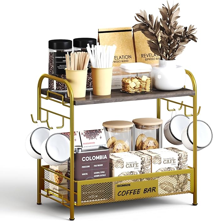 Coffee Bar Organizer for Countertop Station, Simple Assembly 2 Tier Shelf for Home,Office, Coffee Cup Holder Storage Organization for Counter Accessory Storage Rack with 4 Hooks Space-Saving