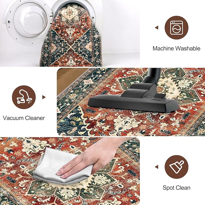Yamaziot Washable Runner Rug, 3x6 Non-Slip Boho Vintage Hallway Kitchen Rug | - Image 6