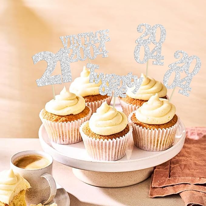 Gyufise 24Pcs 21st Birthday Cupcake Toppers Glitter Twenty-one Vintage 2004 Hello 21 Years Birthday Cupcake Picks Cheers to 21 Cake Decor for Happy 21st Anniversary Party Supplies Silver