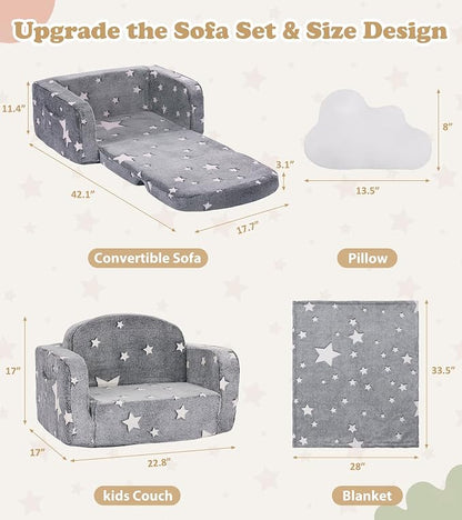 Kids Couch, 2-in-1 Soft Toddler Couch Fold Out - Image 3