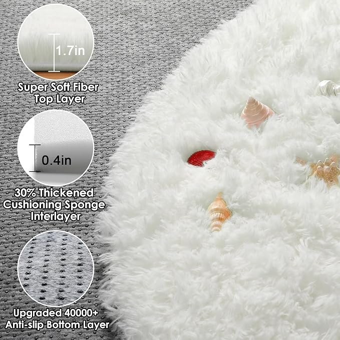 Cream White Round Area Rug 4ft, Fluffy Ultra Soft Bedroom Circle Rugs Floor Mat - Image 2