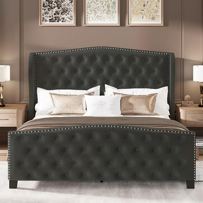 LARMACE Queen Size Bed Frame Velvet Upholstered Platform Bed - Image 7