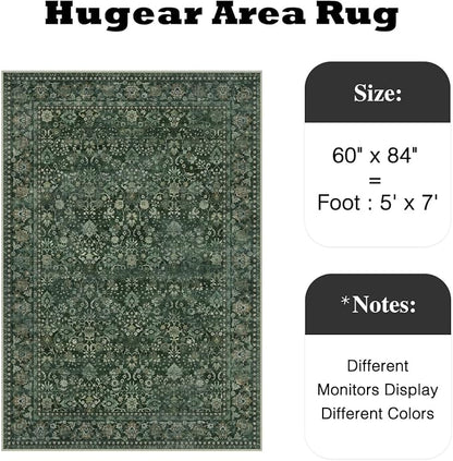 5x7 Dark Green Vintage Floral Washable Area Rug - Image 2