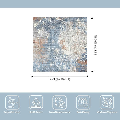8x8 Square Living Room Area Rug – Washable Modern Neutral Abstract Indoor Rug - Image 2