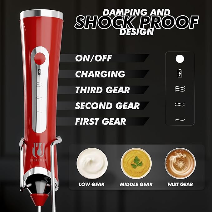 Rechargeable Handheld Milk Frother - Electric Foam Maker - Portable Coffee Frother Wand with 2 Heads - Stainless Steel Electric Whisk for Coffee, Latte, Cappuccino, Macchiato, Hot Chocolate (Red)