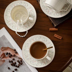 8.8 oz Cappuccino Cups with Saucers and Spoons,Embossed Bone China tea cups and Saucer Sets,3 Pieces, Vintage Style,Coffee Cup & Saucer Set For Women Wedding/Birthday/Christmas Gift