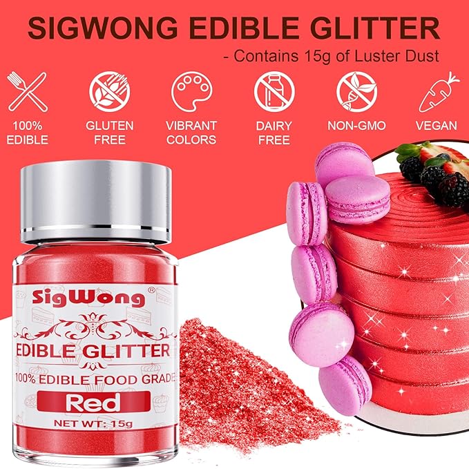 Red Edible Glitter - 15g Food Grade Luster Dust Powder, Cake Decorating Sprinkle Glimmery Dust for Drinks, Wine, Fondant, Chocolate, Candy, Cookie, Vegan