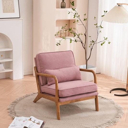 Bonnlo Linen Pink Mid Century Modern Accent Chair, Soild Wood Padding Lounge by Bonnlo