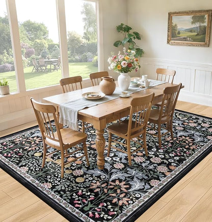 PLHXFR Area Rug Living Room: 4x6 Floral Washable Boho Carpet Dark Black | - Image 4