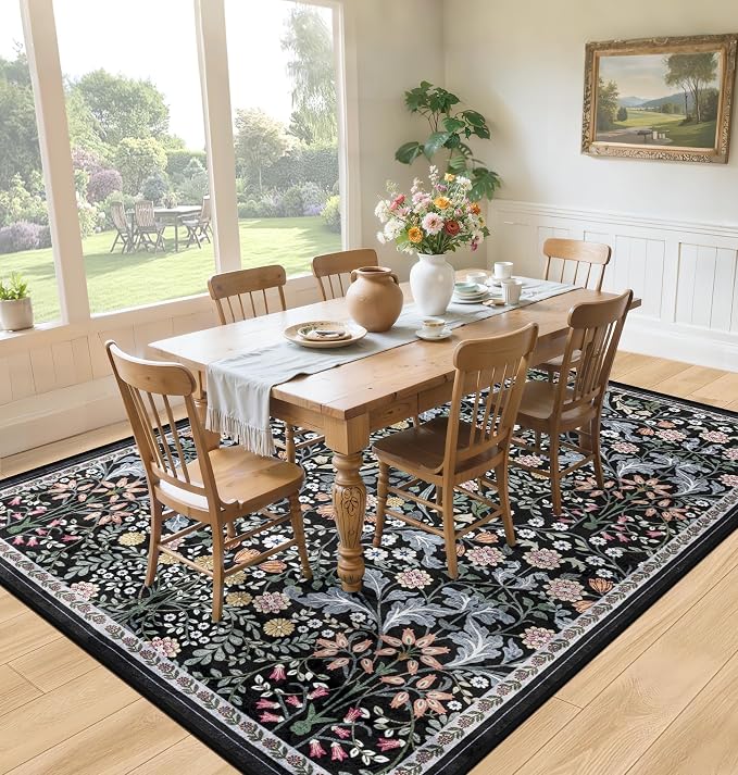 PLHXFR 6x9 Area Rug Living Room: Floral Washable Boho Carpet Dark Black | - Image 4