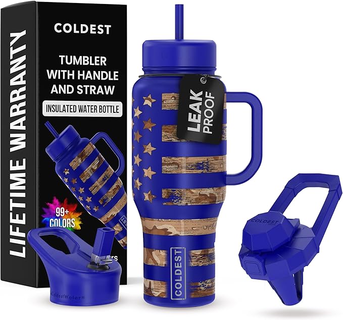 Coldest 40 oz Tumbler with Handle and Straw - 100% Leak Proof Insulated Tumbler with Lid and Straw (3 Lids) - Stainless Steel Tumblers for Women & Men - Cup Holder Friendly Base, 36 oz (The Democrat)