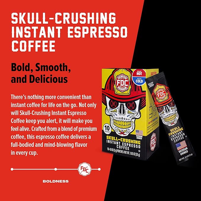 Fire Department Coffee - Skull Crushing Instant Espresso Coffee - Instant Coffee Packets Single Serve - Gives Back to Firefighters - Veteran Owned - Enjoy Hot or Cold (Pack of 60)