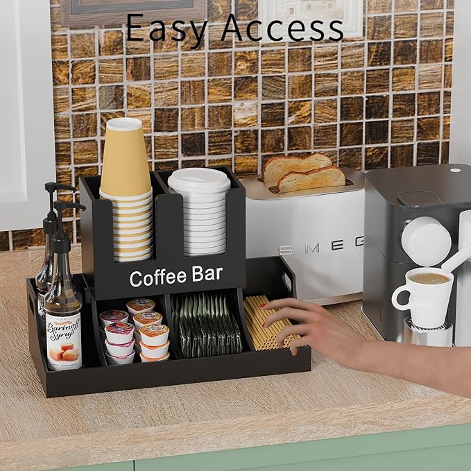Coffee Station Organizer, Wooden Coffee Bar Organizer for Countertop, Condiment and Cup Storage Organizer, Bar Accessories for Kitchen, Office, Home, Black