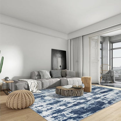 9x12 Area Rugs for Living Room: Washable Abstract Blue Grey Badroom Carpet | - Image 3