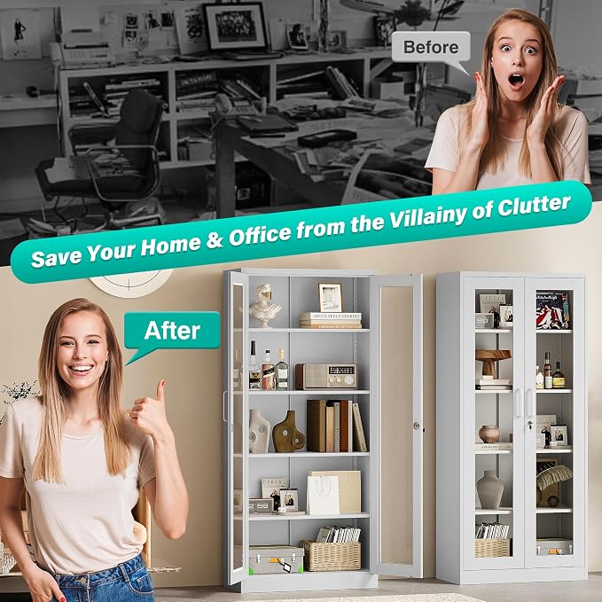 Metal Storage Cabinet with Lock and Glass Doors, Locking Curio Cabinets with 5 - Image 9