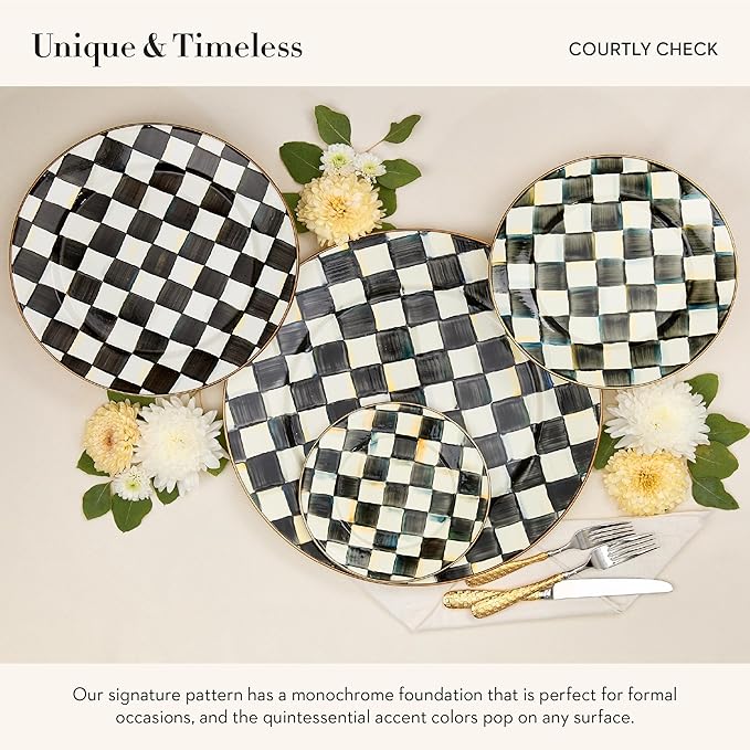 MACKENZIE-CHILDS Enamel Charger Plate, Charger Decoration for Dinner Plates or Home Decor, 12 Inches, Black-and-White Courtly Check, Set of 4