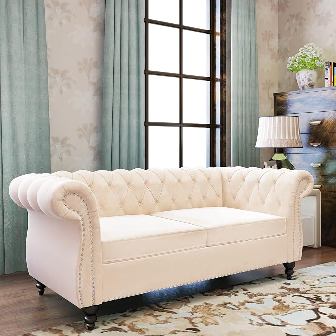 ORRD 2 Piece Living Room Set, Velvet Chesterfield Sofa Loveseat Couch Chair - Image 6