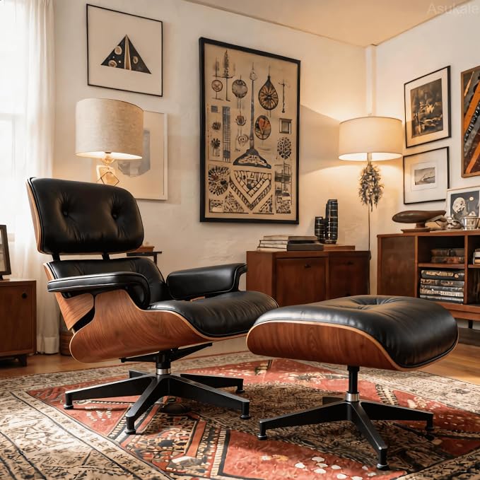Top Black Grain Leather, Mid Century Chaise Lounge Chair and Ottoman, Leather - Image 2