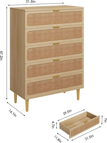 GarveeHome Rattan 5 Drawer Dressers - Image 2