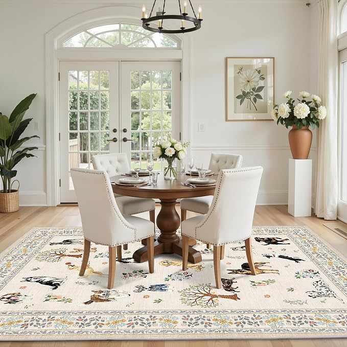 Beige Area Rug 5x7 for Bedroom Livingroom | Ultra-Thin; Boho Style; Low Pile; - Image 5