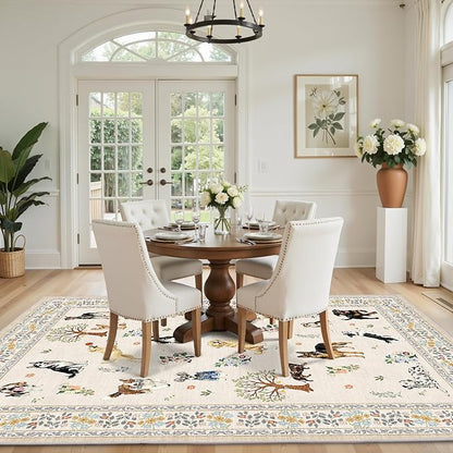 Beige Floral Area Rug 9x12 for Living Room Bedroom | Low Pile; Non Slip;Machine - Image 4