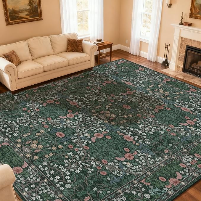 Vintage Green Living Room Rug, 9x12 Washable Area Rugs - Image 4