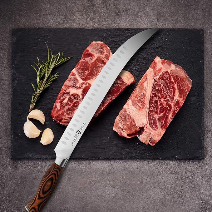 TUO Butcher Knife - 12 Inch Breaking Butcher s Knives Curved Granton Edge Carver Slicing Knife Long Meat Veggies Cleaver - German HC Steel Comfortable Pakkawood Handle - Fiery Series Gift Box Included