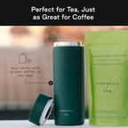 Firebelly Tea, Travel Tea Infuser Mug with Strainer, Insulated Tumbler for Loose Leaf Tea or Coffee, Leakproof Bottle for Hot or Iced Drinks, Stainless Steel Thermos with Lid, Forest