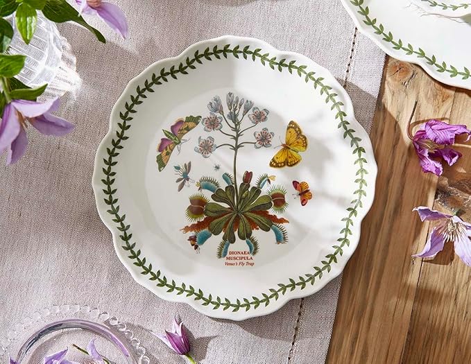 Portmeirion Botanic Garden Lotus Salad Plates, Set of 4 - Scalloped Rim, Butterflies Motif, 8.8" Floral Dinnerware Porcelain Dishes for Hosting, Entertainment