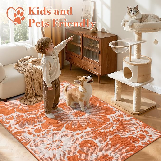 Findosom Fall Washable Area Rug 3x5, Non Slip High-Low Textured Floral Rugs - Image 2