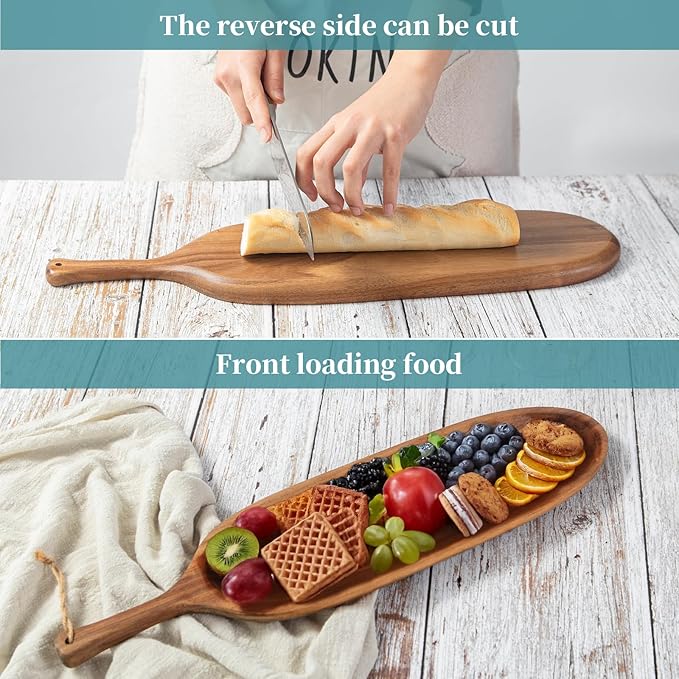 2PCS Wooden Tray Wood Serving Tray with Handle Large Serving Plates Acacia Solid Wood Appetizer Plates Multi-Use Oval Acacia Plates for Appetizer for Snack(Large 20.5“ and 16.5"