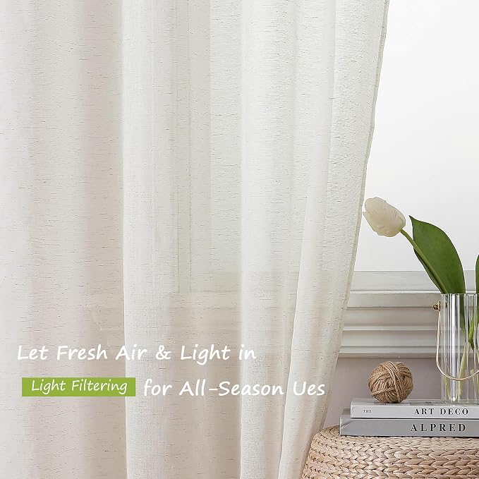 Simplebrand Natural Linen Textured Sheer Curtains 84 inches Length 2 Panels Set - Image 3