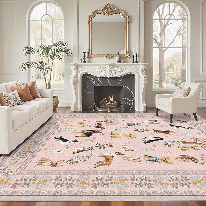 Pink Dogs Animal Area Rug 5x7 for Living Room Bedroom | Ultra-Thin;Boho Style; - Image 4