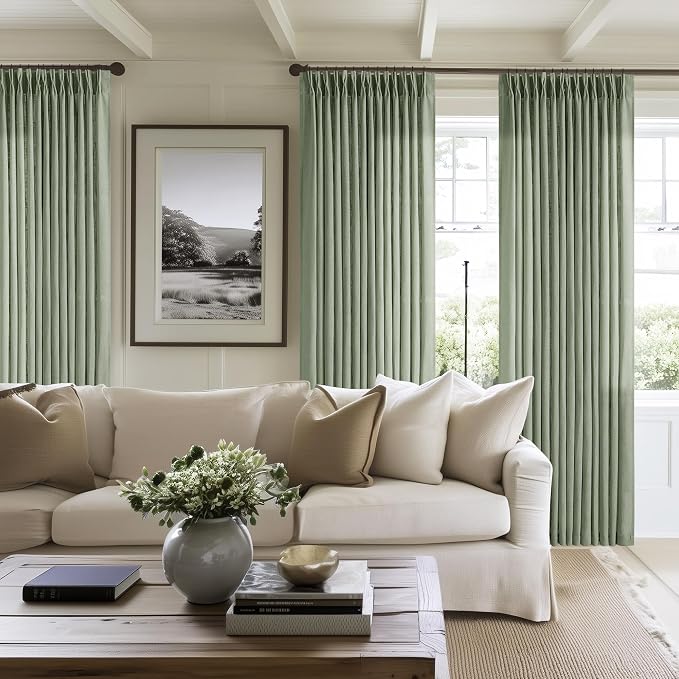 Sage Green Pinch Pleated Linen Light Filtering Curtains 80 Inches Long | Semi - Image 6