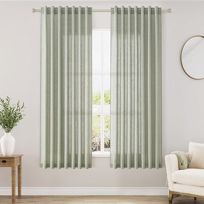 Sage Green Linen Curtains 63 Inches Length 2 Panels Set by Nanspring